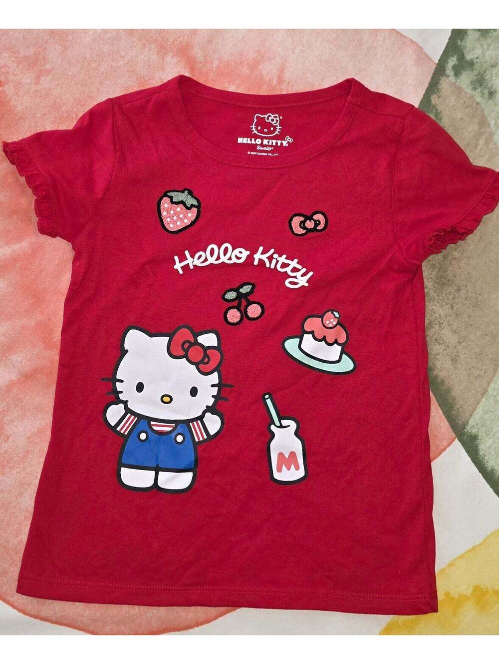Sanrio Hello Kitty Girls Size 7 Red Graphic Print Ruffle Crewneck Tee